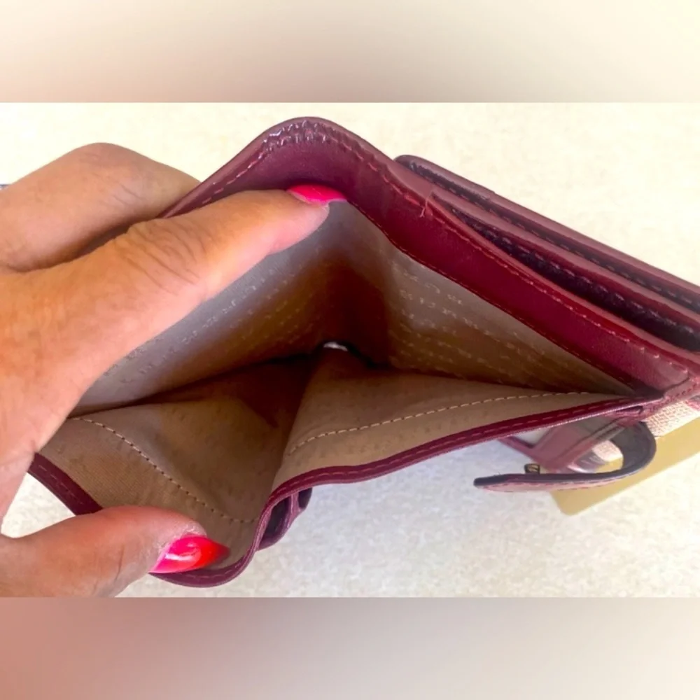 BURBERRY Maroon & Tan Star Print Canvas & Patent Leather Wallet, EUC